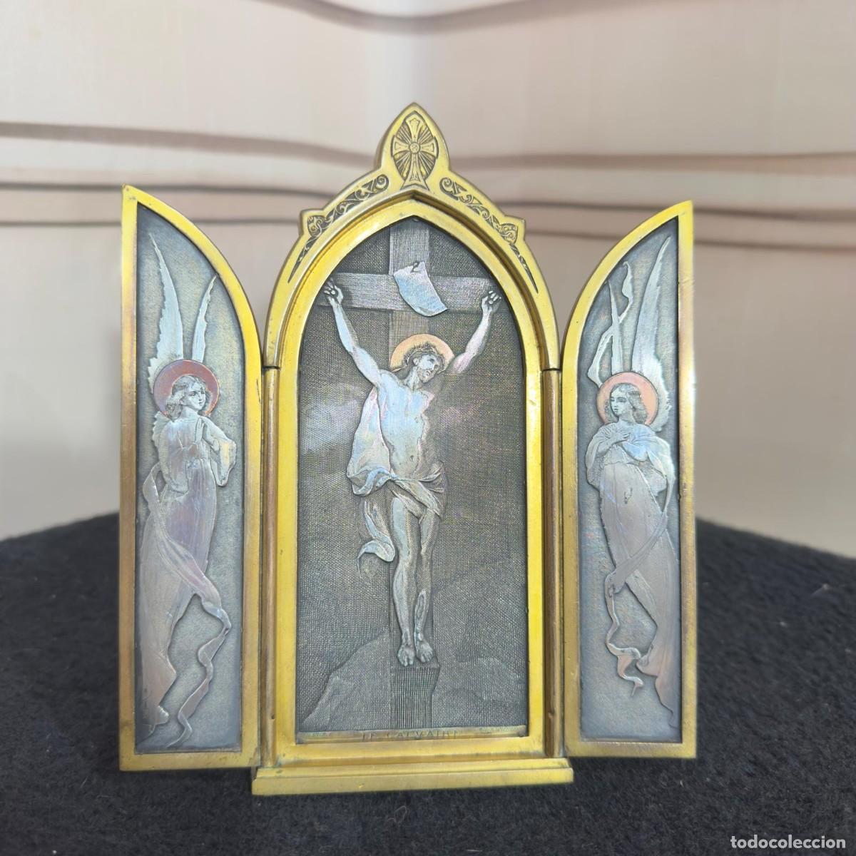 Arte: Tr&iacute;ptico religioso de viaje o de mesa en bronce S.XIX firmado Van Dick. P y B. Wicker