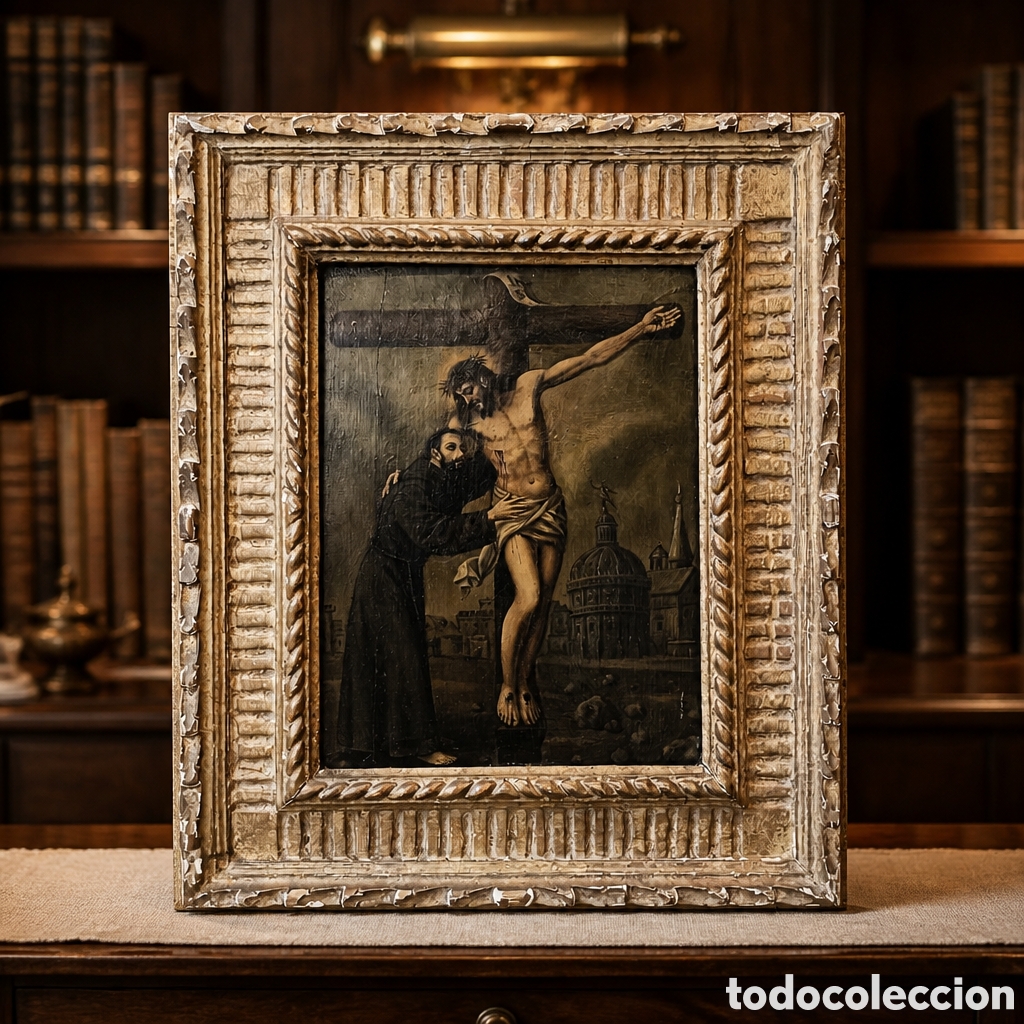 Arte: OLEO SOBRE TABLA. ESCUELA ESPA&Ntilde;OLA SIGLO XVIII. SAN FRANCISCO ABRAZANDO A CRISTO EN LA CRUZ