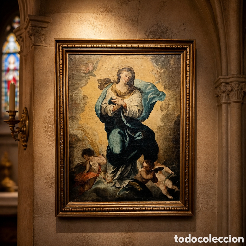 Kunst: OLEO SOBRE LIENZO. VIRGEN INMACULADA . ESCUELA ESPA&Ntilde;OLA . SIGLO XVII-XVIII. REENTELADO