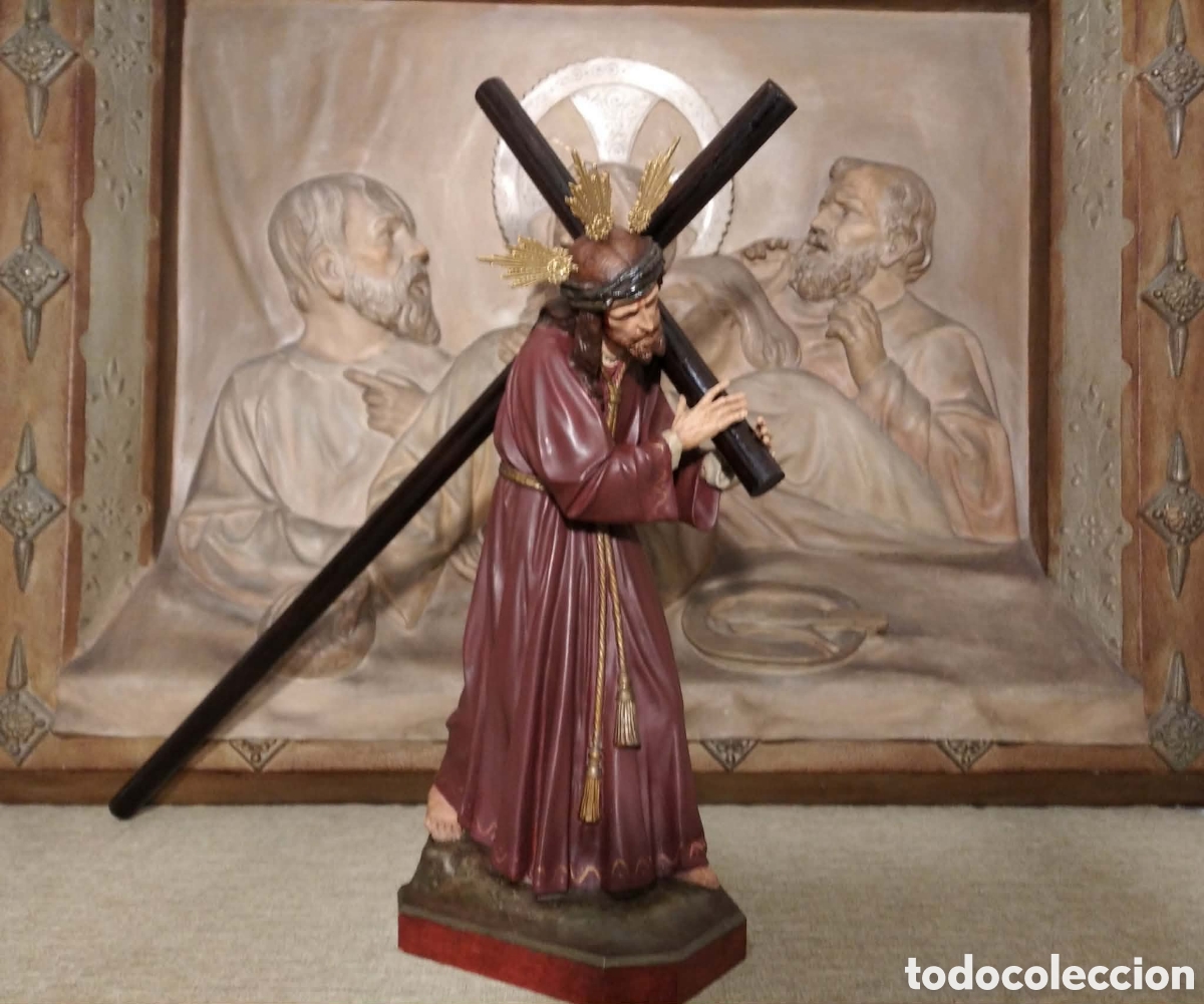 Arte: Cristo del Gran poder, Jes&uacute;s Nazareno 51x60 cm, sello Olot, ojos de cristal.