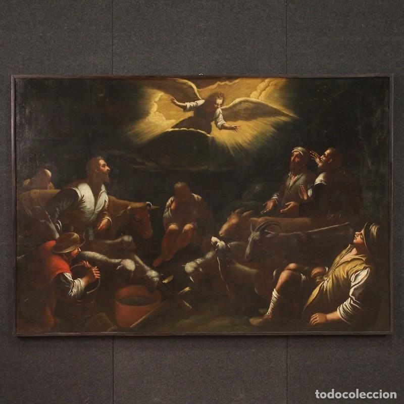 Arte: Pintura antigua de la escuela de Bassano del siglo XVII, el anuncio a los pastores.