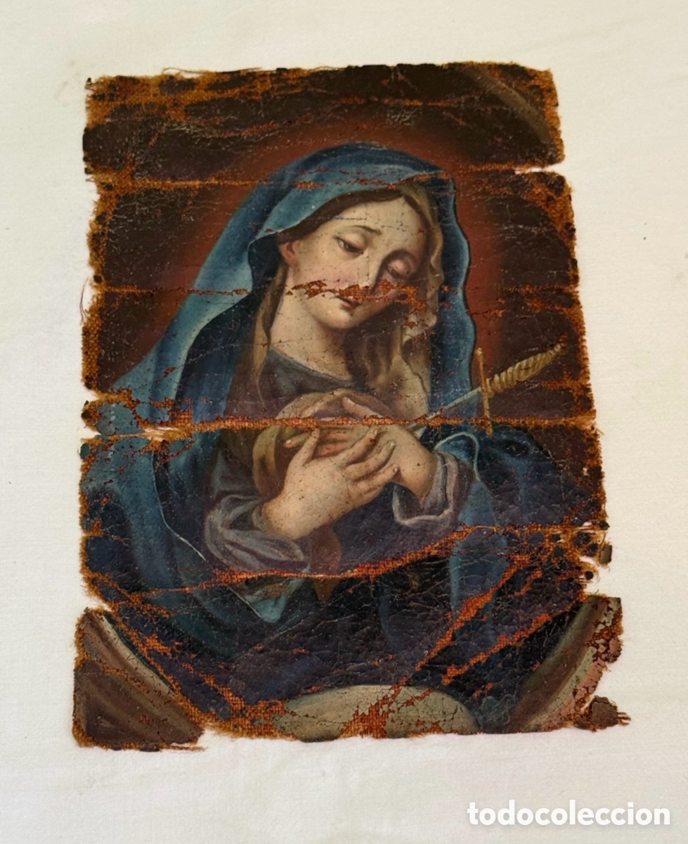 Arte: Antiguo &oacute;leo Virgen Dolorosa sobre tela siglo XVII XVIII.