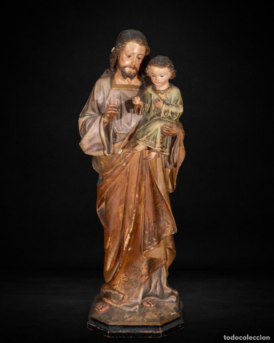 Art: San Jos&eacute; con Ni&ntilde;o talla Olot policromada siglo XIX arte sacro 52 cm