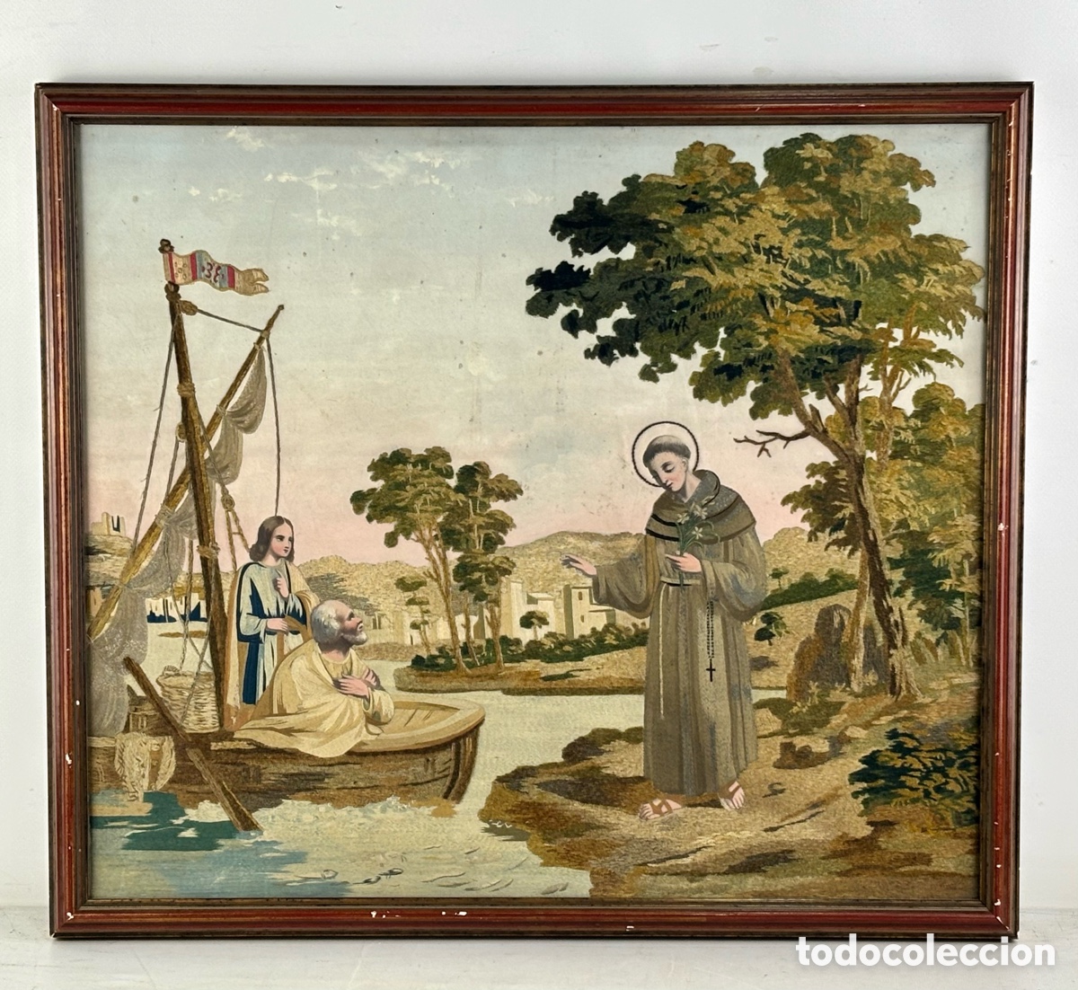 Arte: SEDA BORDADA Y PINTADA - SAN ANTONIO DE PADUA PREDICANDO A LOS PECES - SIGLO XIX