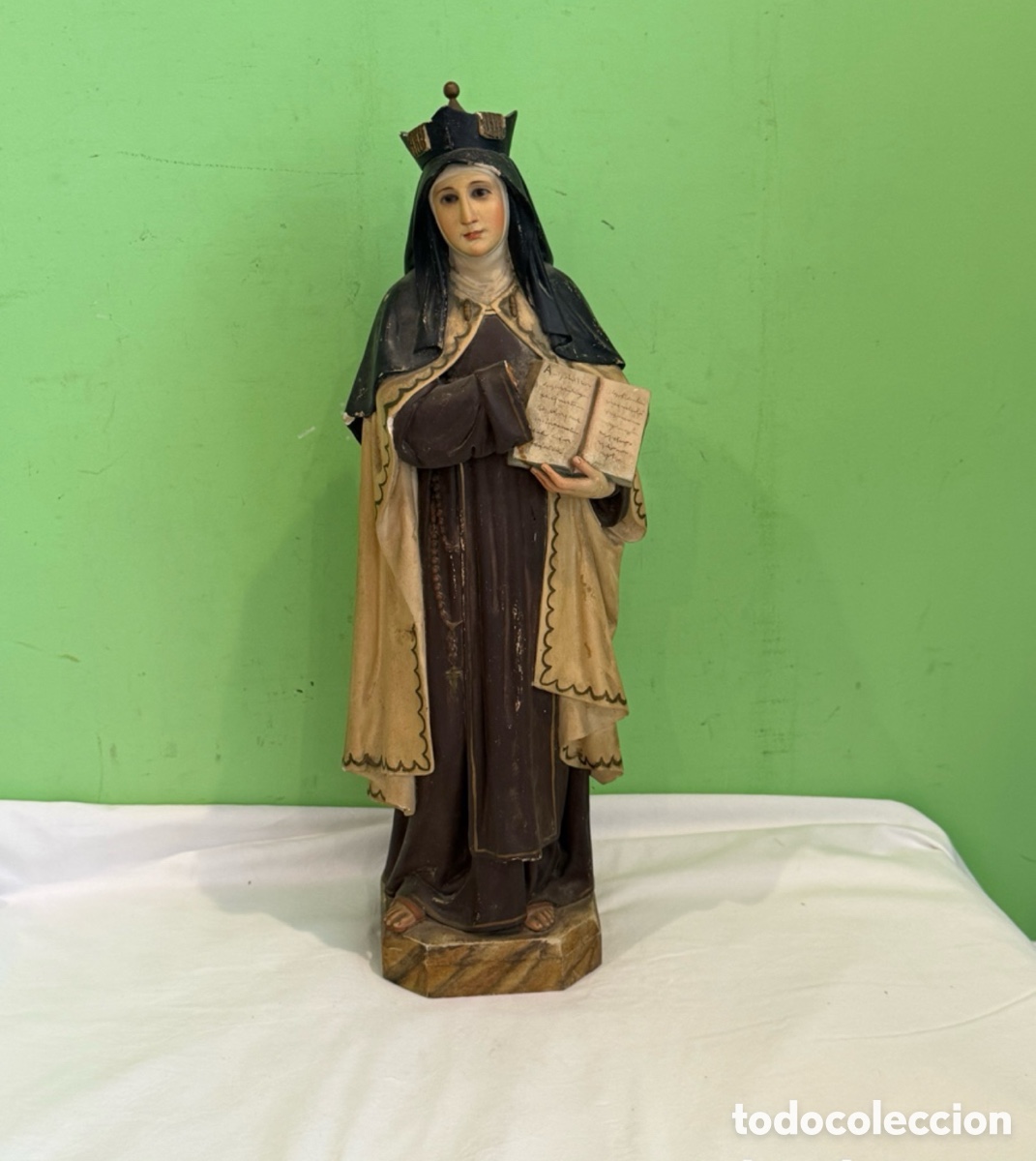 Arte: Antigua escultura Santa Teresa de Jes&uacute;s escayola policromada base madera siglo XX 60 cm