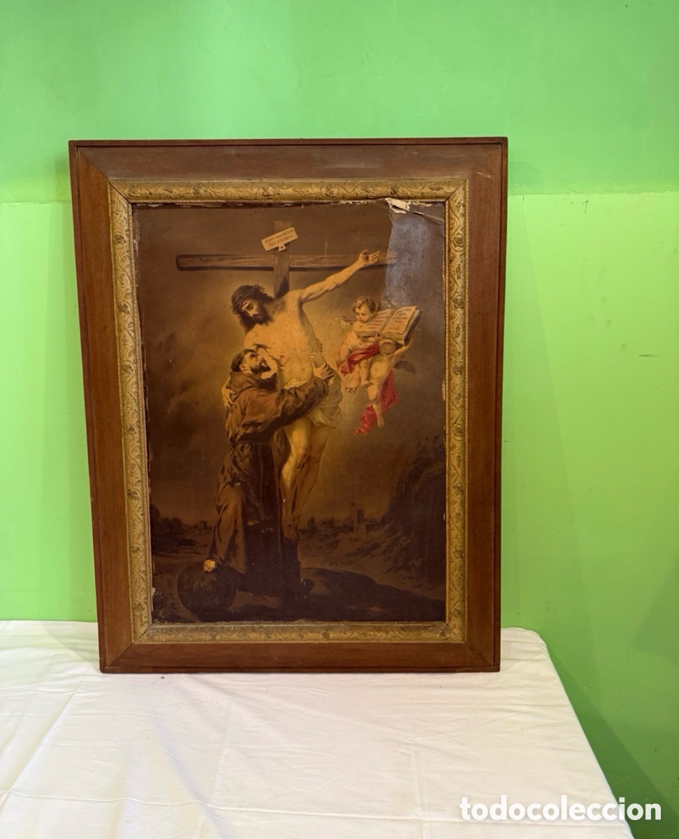 Arte: Antiguo cuadro religioso Cristo crucificado marco original siglo XIX 90x70 cm