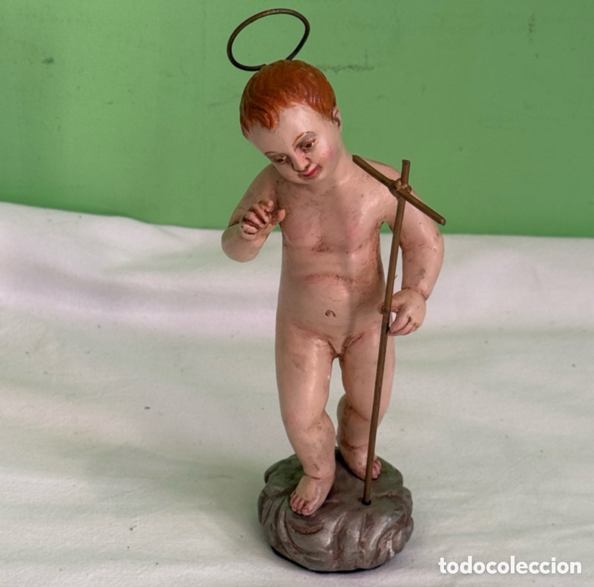 Kunst: Antigua figura religiosa Ni&ntilde;o Jes&uacute;s con cruz escultura policromada siglo XX