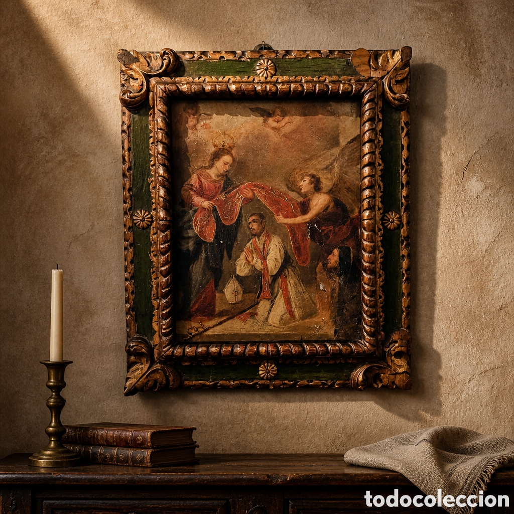 Arte: ESCUELA ESPA&Ntilde;OLA. OLEO SOBRE COBRE. LA IMPOSICION DE LA CASUYA A SAN ILDEFONSO. SIGLO XVII-XVIII