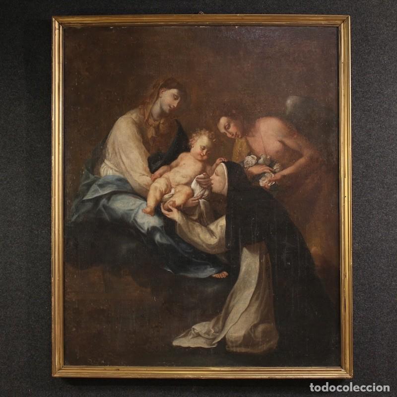 Arte: Cuadro antiguo del siglo XVIII, Adoraci&oacute;n de Santa Rosa de Lima con la Virgen y el Ni&ntilde;o.
