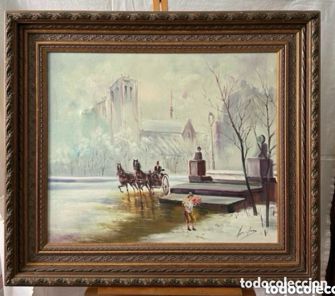 Arte: &Oacute;leo sobre lienzo escena urbana nevada carruaje firmado enmarcado siglo XX