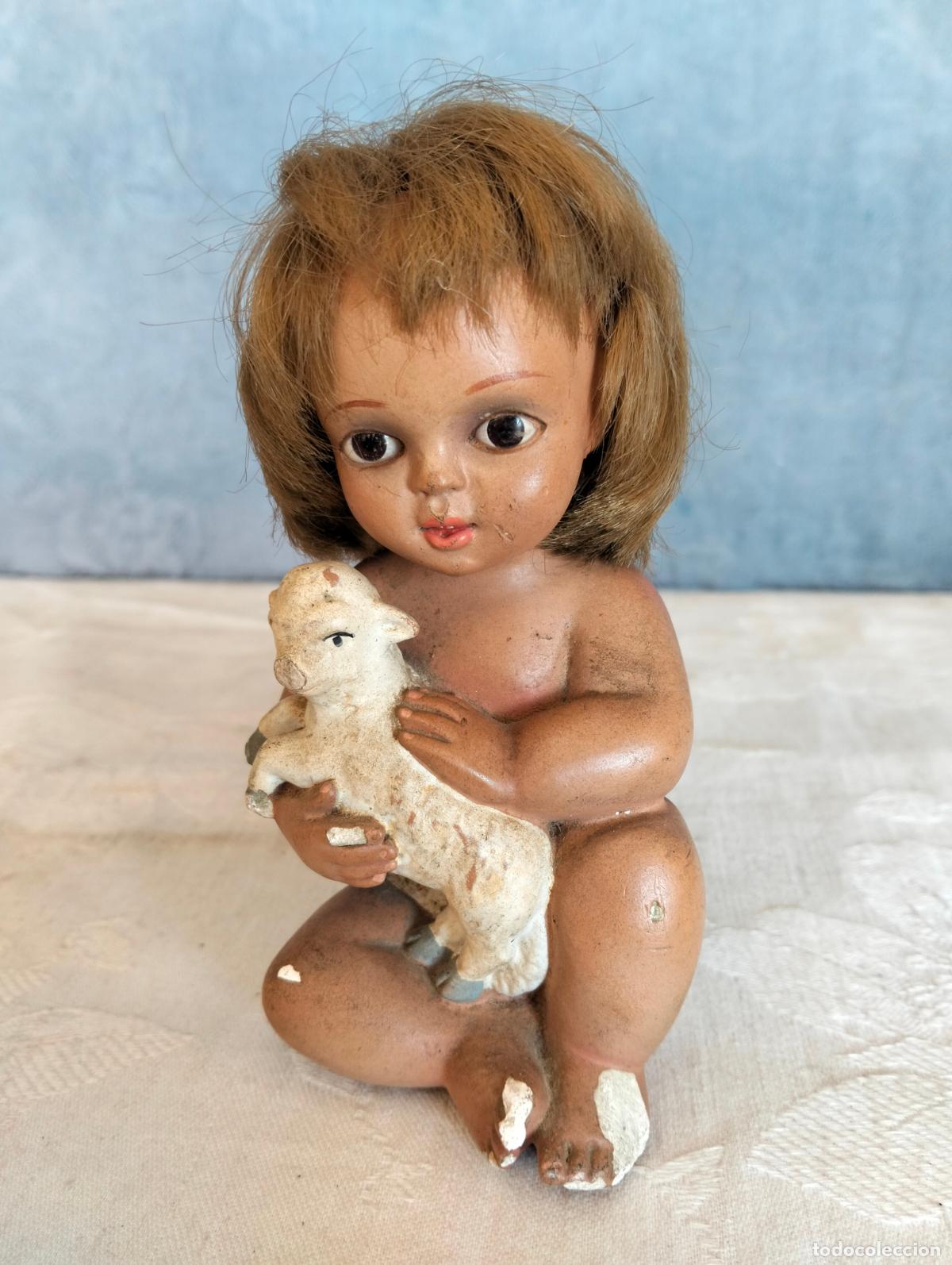 Kunst: Ni&ntilde;o Jes&uacute;s con cordero en brazos figura escultura pintada de yeso estuco antigua religiosa a&ntilde;os 60
