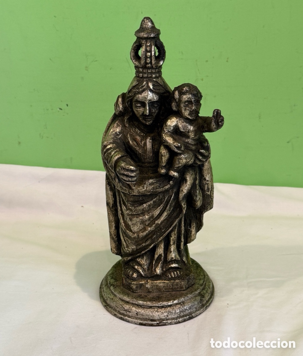 Arte: Escultura Virgen con Ni&ntilde;o madera tallada policromada plata siglo XX religiosa.