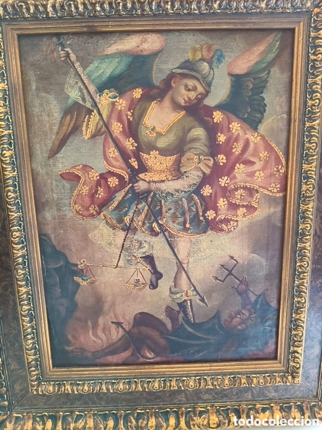 Arte: San Miguel Arcangel matando al demonio, cuadro Escuela cuzque&ntilde;a singular pintura
