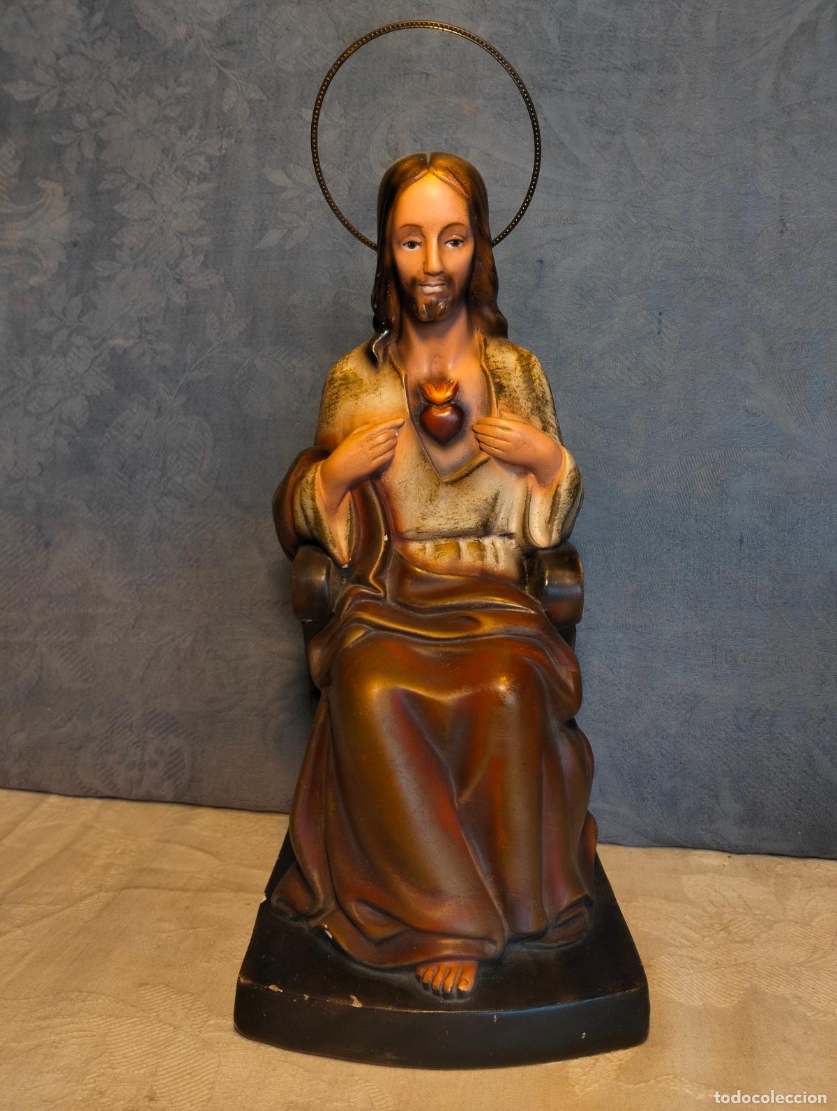 Kunst: Figura del Sagrado Coraz&oacute;n de Jes&uacute;s de estuco policromado im&aacute;genes y Flores Fius Manresa a&ntilde;os 60-70