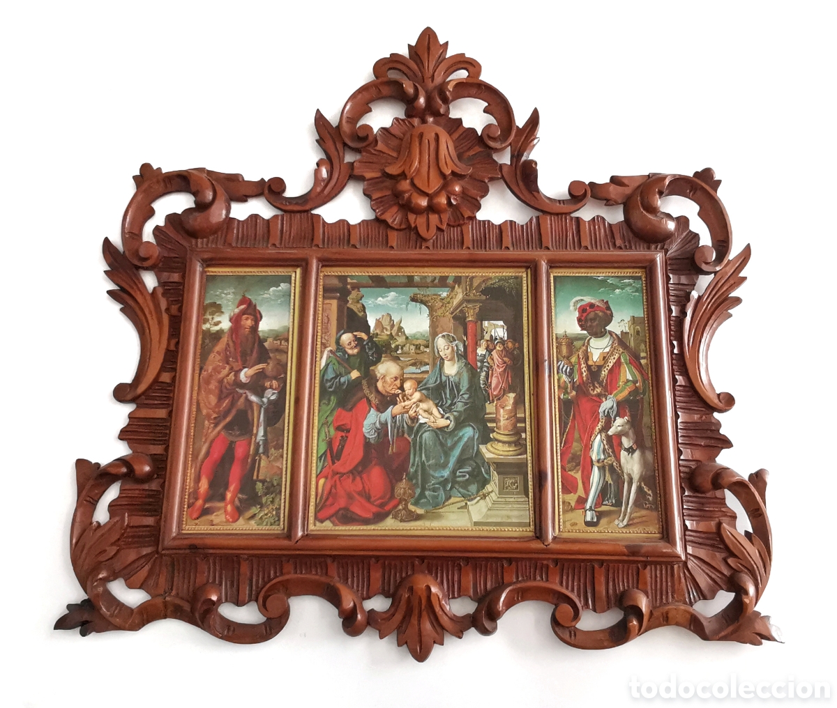 Kunst: PRECIOSO TR&Iacute;PTICO DE MADERA ANTIGUO LA ADORACI&Oacute;N DE LOS REYES MAGOS