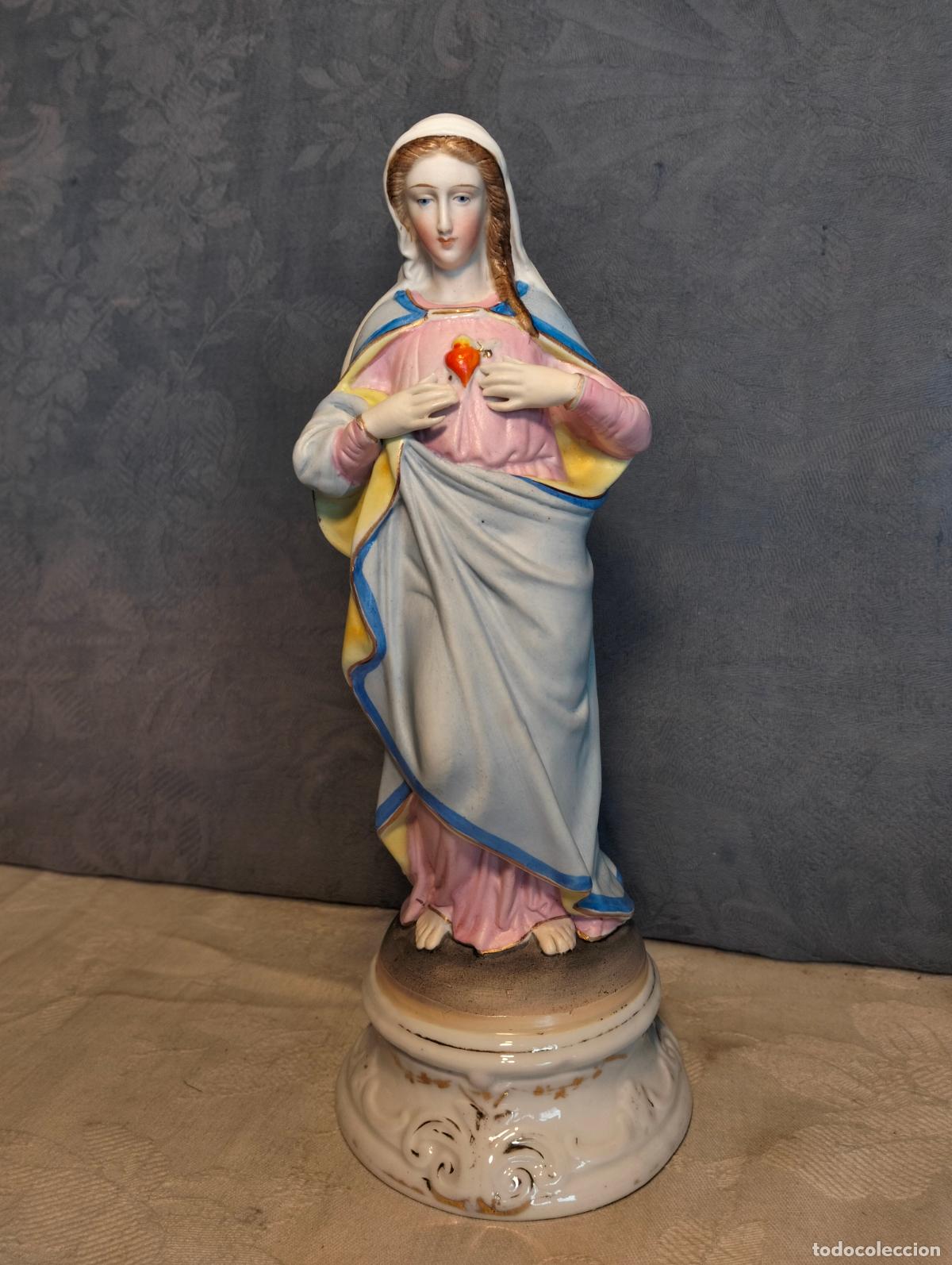 Kunst: Figura religiosa Sagrado Coraz&oacute;n de Mar&iacute;a en porcelana biscuit francesa de finales S.XIX princ. XX
