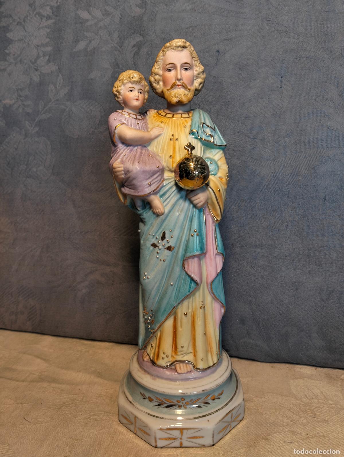 Arte: Figura religiosa de San Jos&eacute; con ni&ntilde;o Jes&uacute;s en porcelana biscuit francesa de finales S.XIX princ. XX