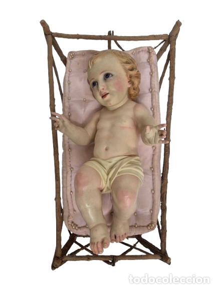 Arte: Gran Ni&ntilde;o Jes&uacute;s a la Cuna - Estuco Policromado - Talleres de Olot - Bonita Cara y Manos- Ojos Azules