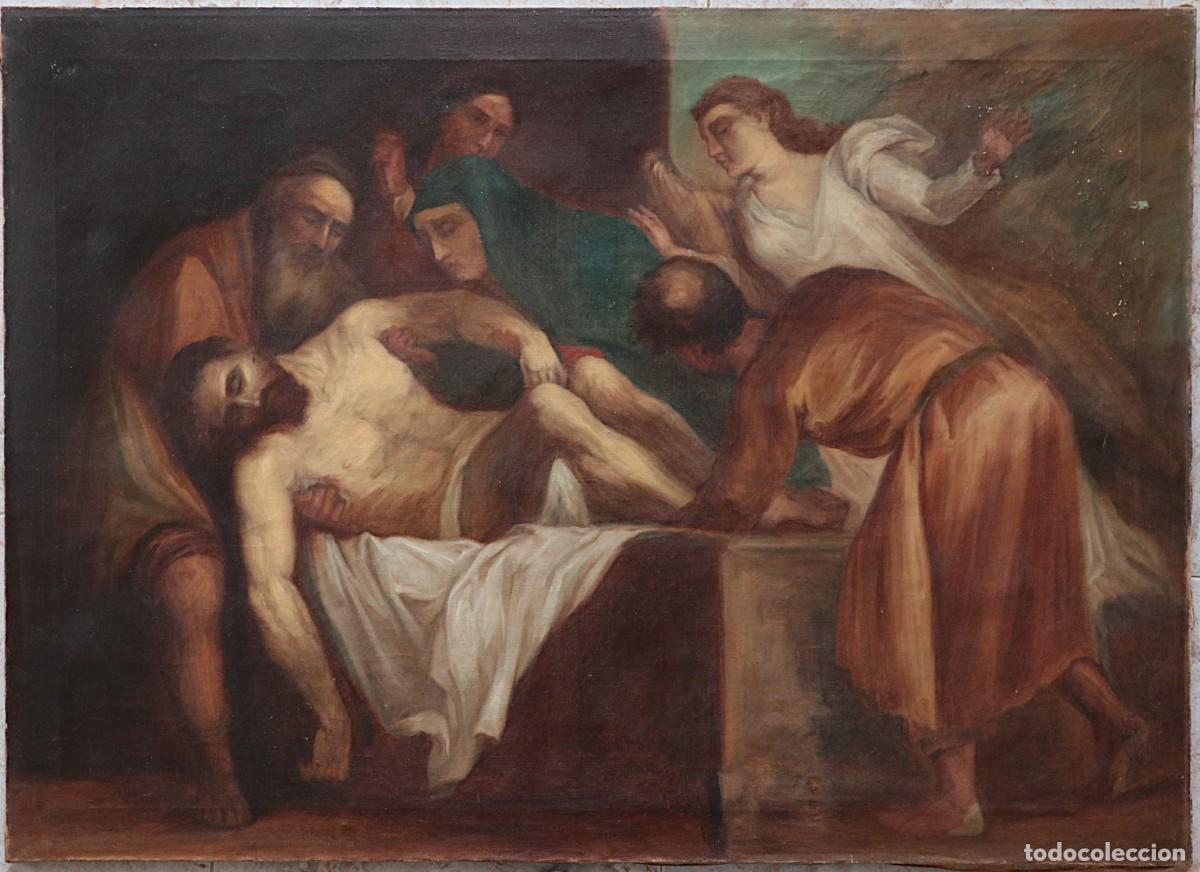 Arte: Entierro de Cristo seg&uacute;n Tiziano. &Oacute;leo sobre lienzo. Mide 111 x 81 cm. Siglo XIX.