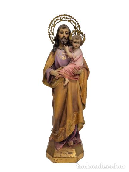 Arte: Precioso San Jos&eacute; y Ni&ntilde;o Jes&uacute;s - Estuco Policromado - Talleres de Olot - 43 CM