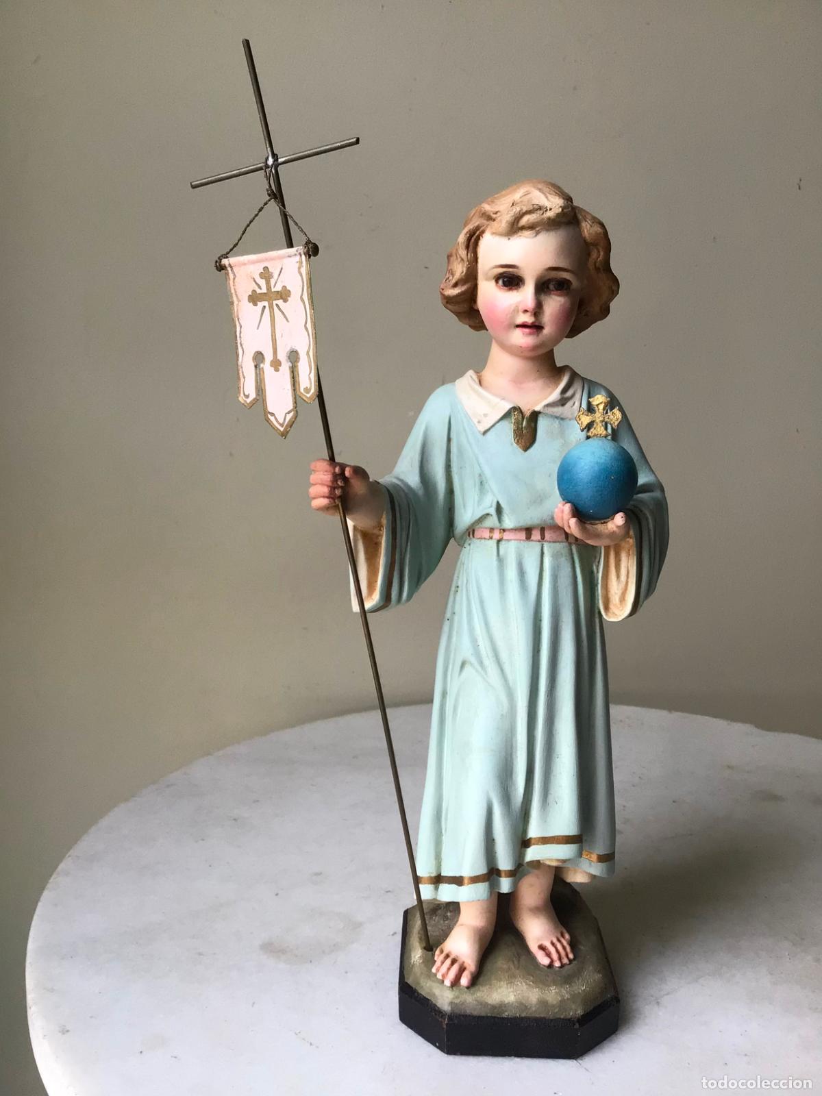 Arte: IMPRESIONANTE Y RARA FIGURA DE OLOT ,NI&Ntilde;O JESUS DE LA BOLA CON CRUZ - SELLADA