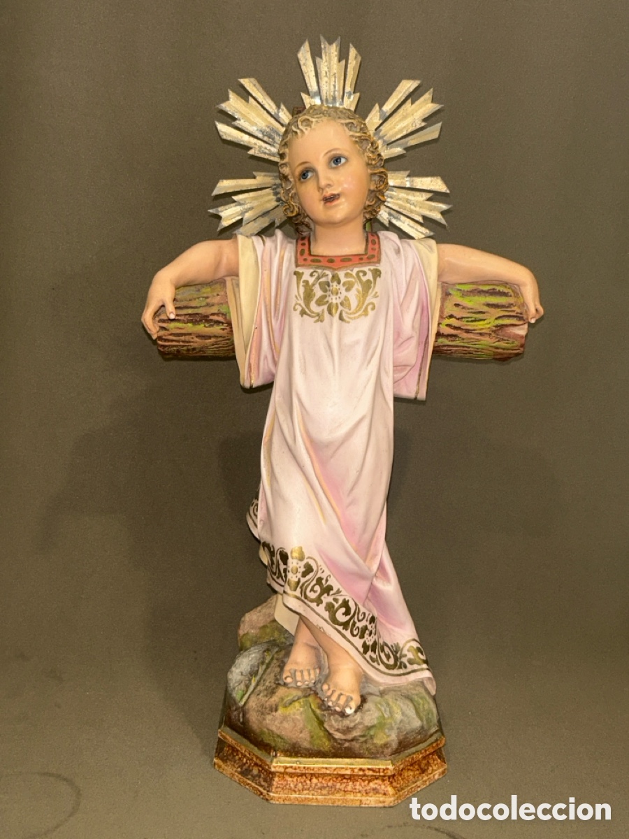 Arte: NI&Ntilde;O JES&Uacute;S EN CRUZ, ESTUCO POLICROMADO, OJOS DE CRISTAL, TIPO OLOT, 47 CM *VER FOTOS*