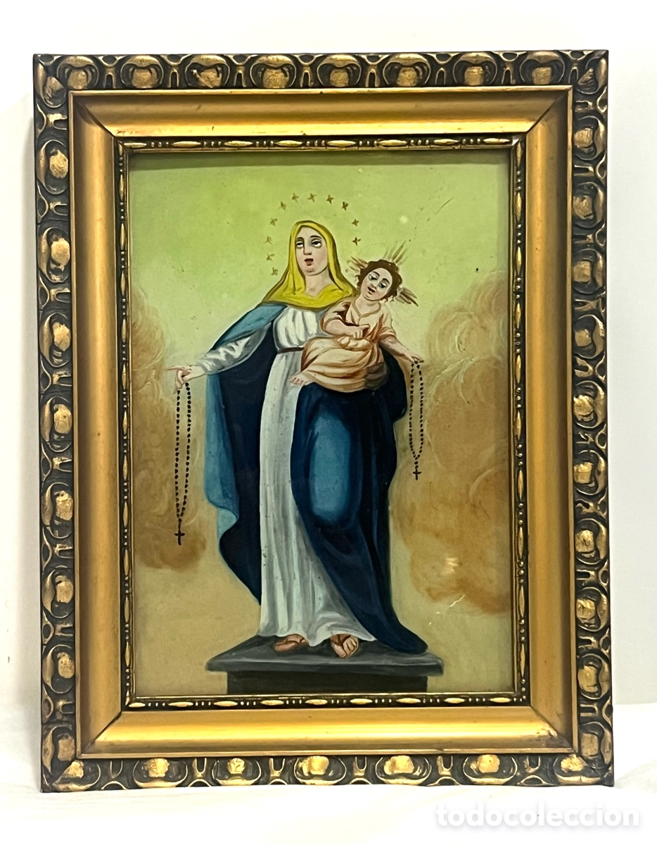 Arte: VIRGEN MARIA Y NI&Ntilde;O - CRISTAL PINTADO - SIGLO XIX