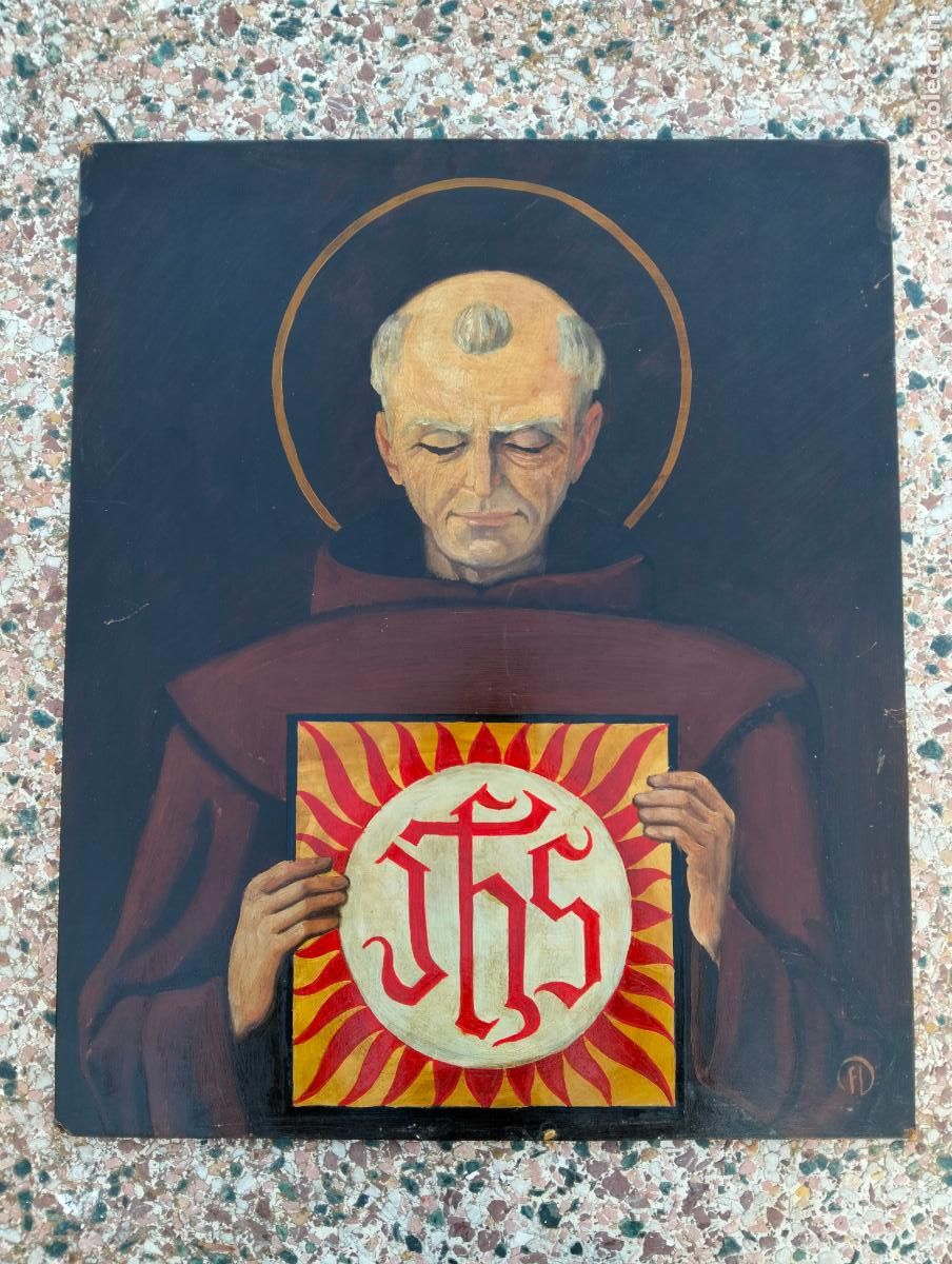 Kunst: Antigua cuadro pintura oleo de Santo San Francisco As&iacute;s con el trigrama de Jes&uacute;s tabla monje pintado