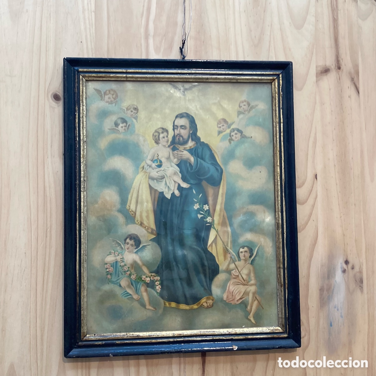 Arte: Cromolitograf&iacute;a - San Jos&eacute; con el ni&ntilde;o - Marco de &eacute;poca - Ff. S. XIX / Pp. S. XX
