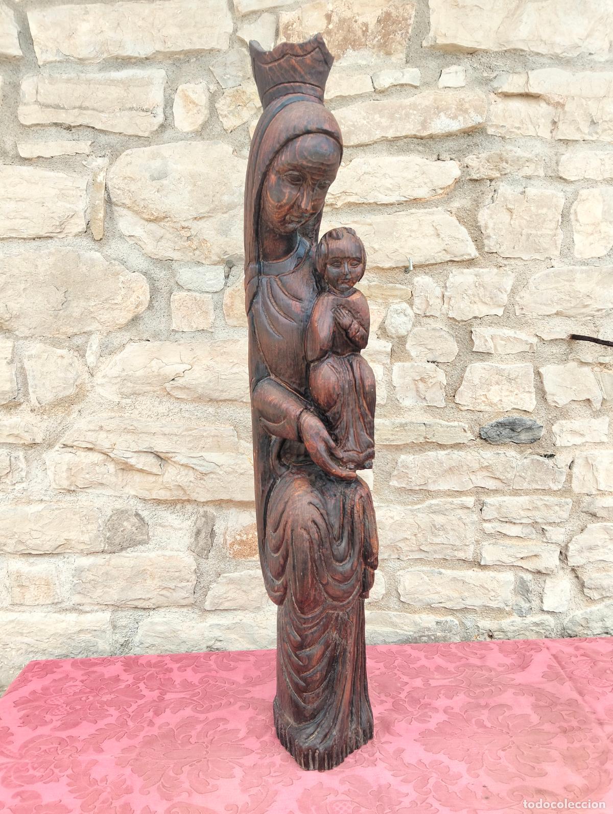 Arte: Virgen Mar&iacute;a con ni&ntilde;o Jes&uacute;s tallada a mano de gran tama&ntilde;o tipo estilo Romanico a&ntilde;os 50-60