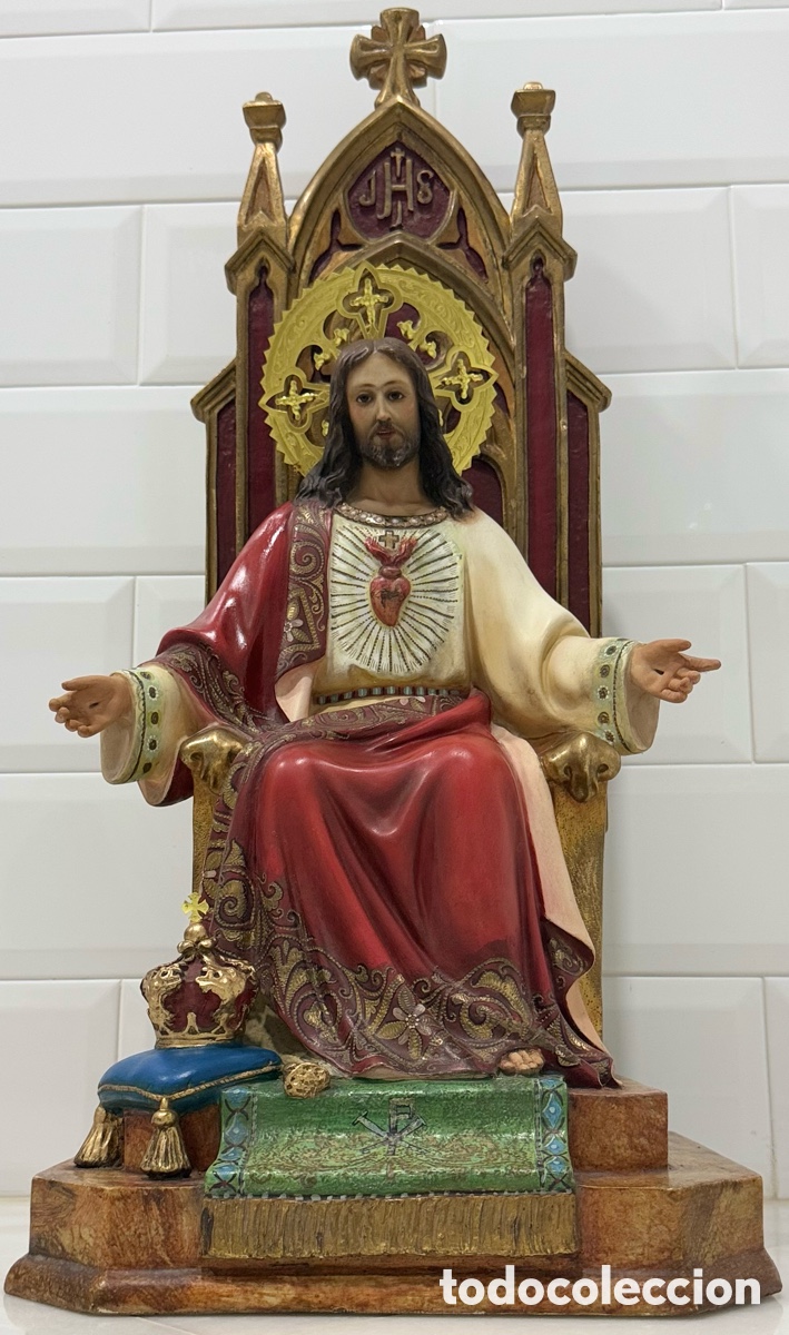 Arte: ESPECTACULAR GRAN SAGRADO CORAZ&Oacute;N ENTRONADO OLOT PRIMERA CALIDAD