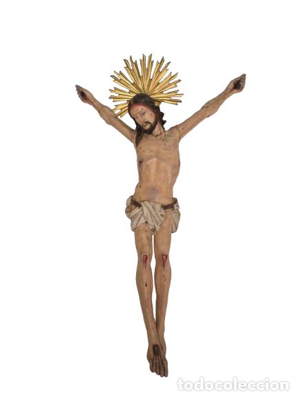 Arte: Antiguo Crucifijo, Cristo - Talla de madera Policromada y Dorada - Altura Total 60 cm - S. XVIII-XIX