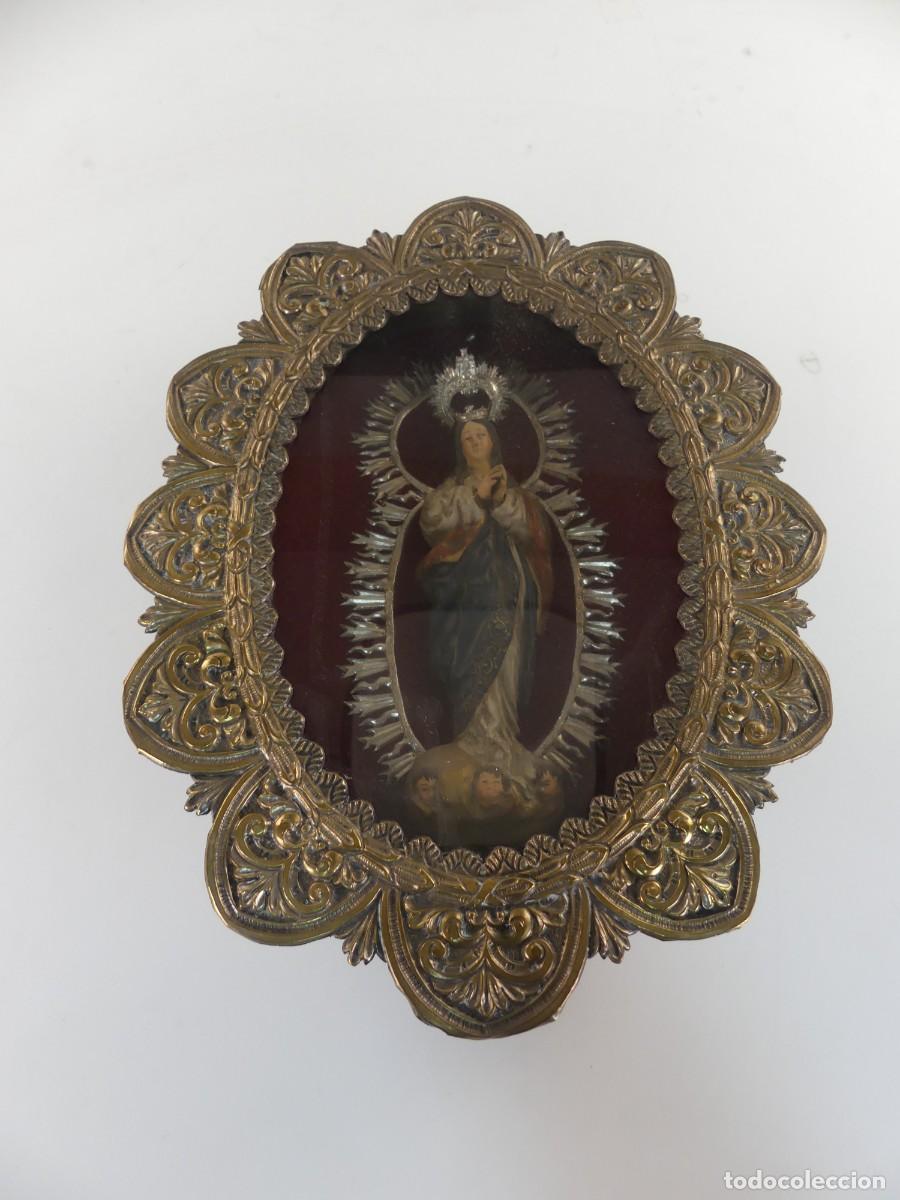 Arte: ANTIGUA FIGURA ESCULTURA DE INMACULADA ENMARCADA TIPO RELICARIO