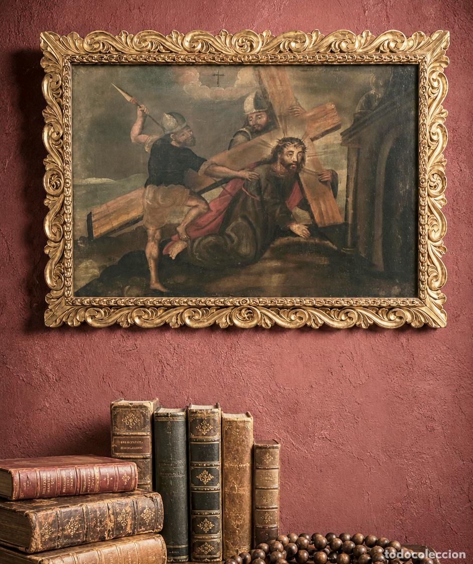 Kunst: Escuela espa&ntilde;ola Siglo XVIII &rdquo;camino del calvario&rdquo;, oleo sobre lienzo. 42 x 63 cm