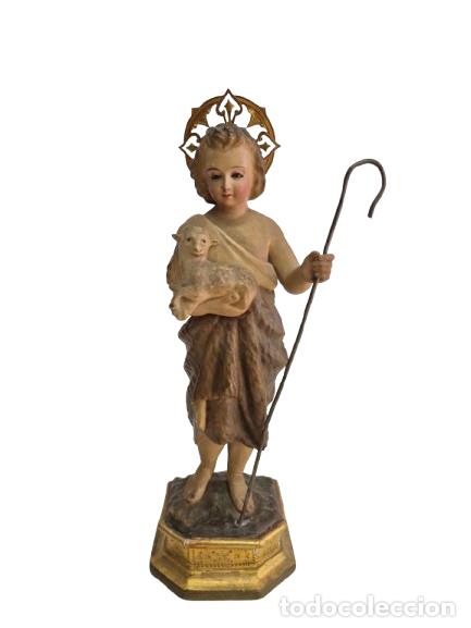 Arte: Precioso San Juanito, El Cordero de Dios - Talla de Madera Policromada y Dorada en pan de Oro -S.XIX