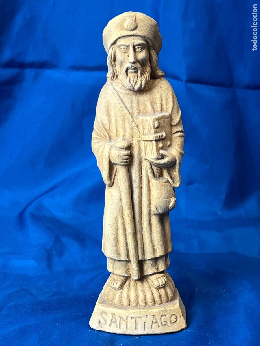 Arte: Antigua Figura de Santiago Ap&oacute;stol Peregrino en Resina o Piedra Reconstituida. Escultura Religiosa V