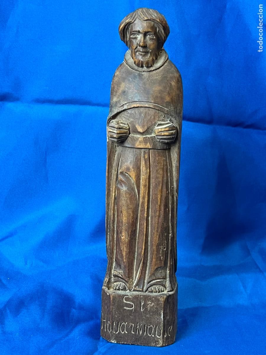 Arte: Antigua Figura de San Houarniaule en Madera Tallada. Escultura Religiosa R&uacute;stica / Santo Bret&oacute;n