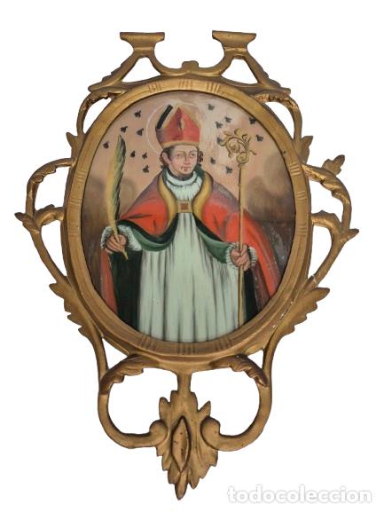 Arte: San Narciso (Patr&oacute;n de Girona) - Pintura sobre Cristal - S.XVIII - Marco, Cornucopia Talla de Madera