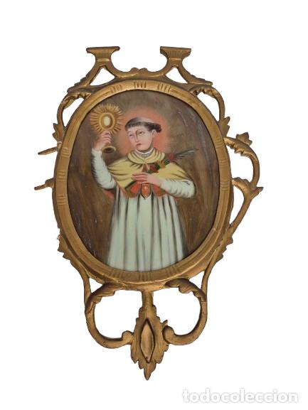Arte: San Ram&oacute;n Nonato - Pintura sobre Cristal - S.XVIII - Marco, Cornucopia Talla de Madera Dorada