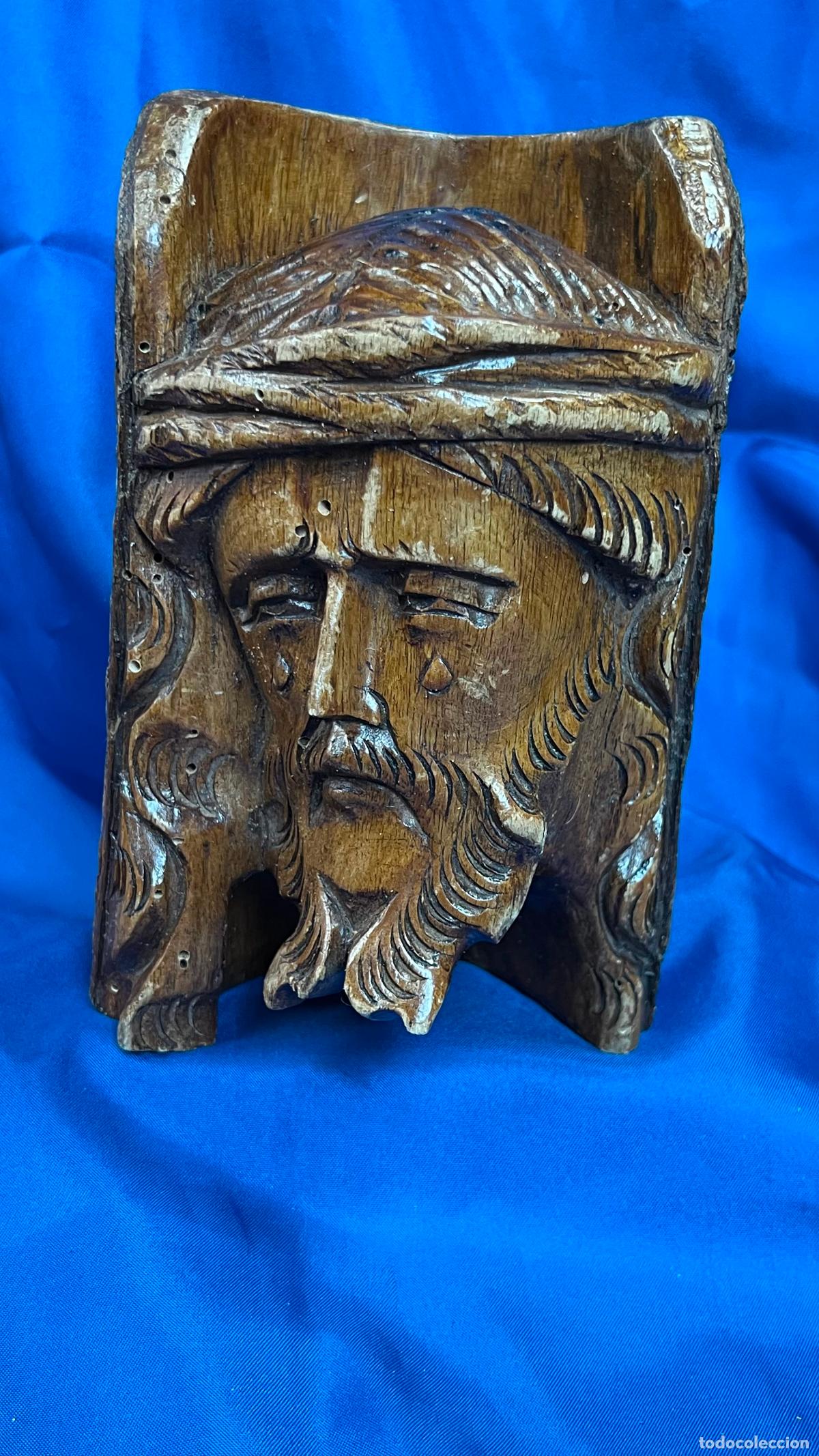 Arte: Antigua Talla del Rostro de Cristo Corona de Espinas en Tronco. Escultura R&uacute;stica