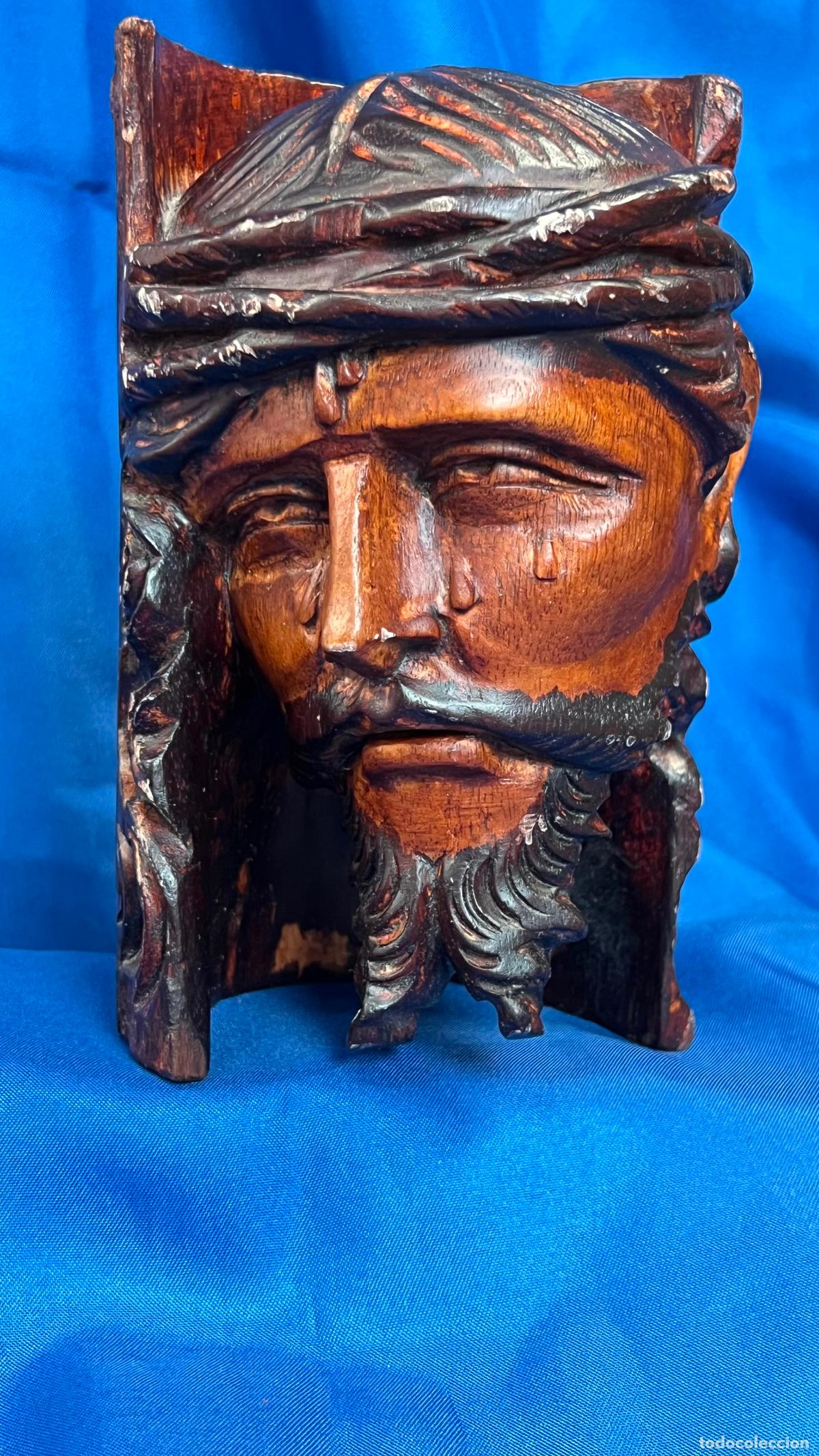 Arte: Antigua Talla del Rostro de Cristo con Corona de Espinas en Tronco de Madera. Escultura R&uacute;stica