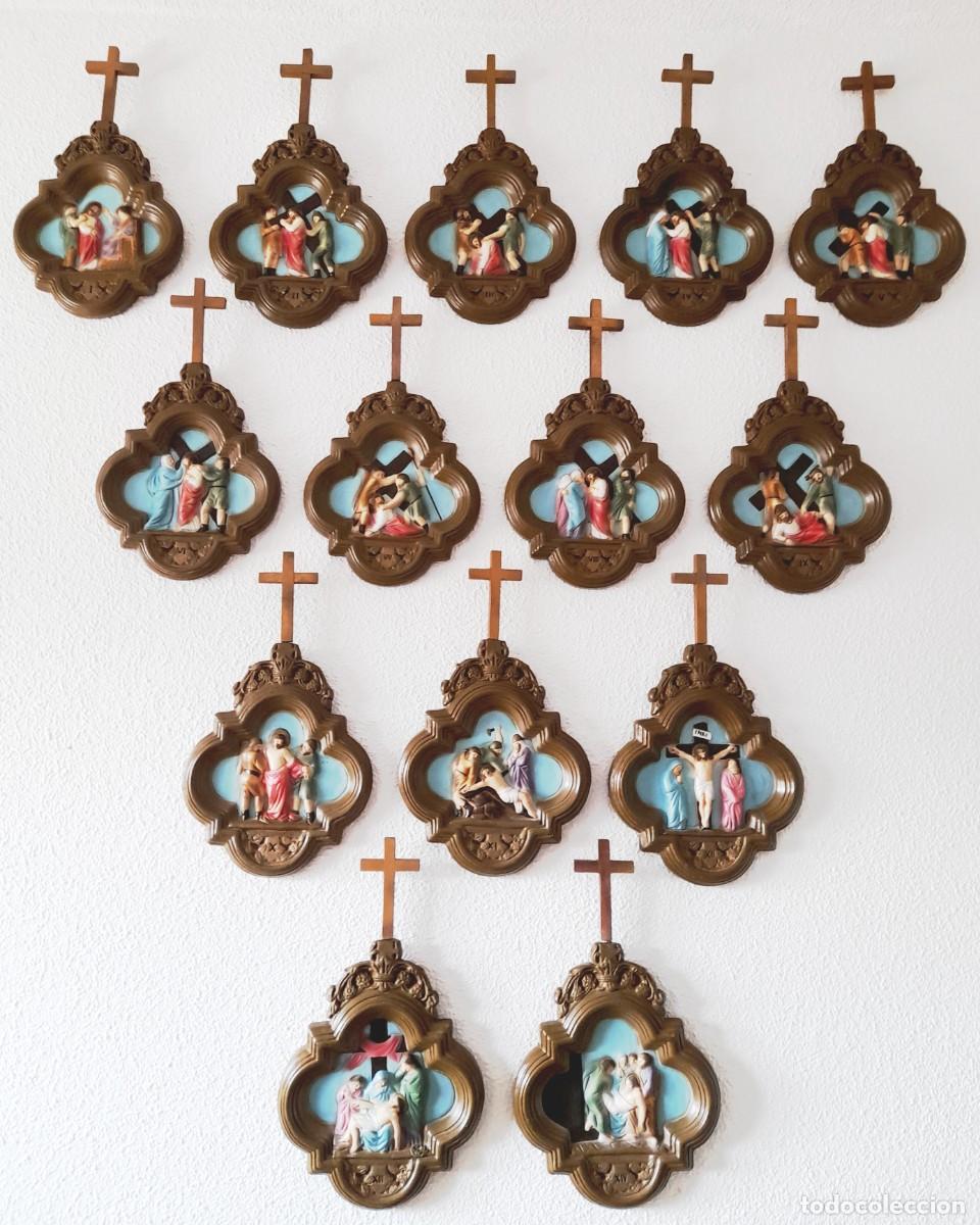 Arte: Via Crucis relieve COMPLETO 14 Estaciones estuco escayola policromada Viacrucis 39 cm cruz de madera