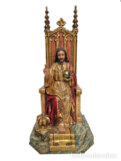 Arte: Precioso Sagrado Coraz&oacute;n Entronizado - Estuco Policromado - Sello Arte Espa&ntilde;ol, Olot - A&ntilde;os 40