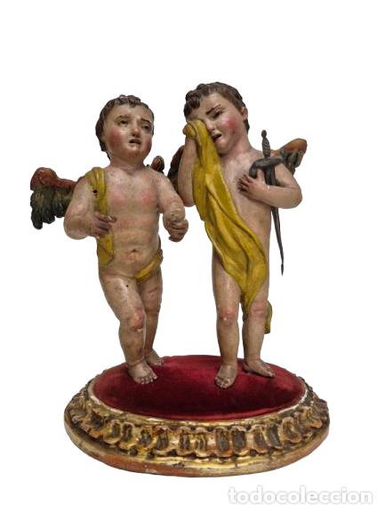 Arte: Pareja de &Aacute;ngeles Querubines, Pasionistas - Talla de Madera Policromada - S.XVIII - Espada en Plata