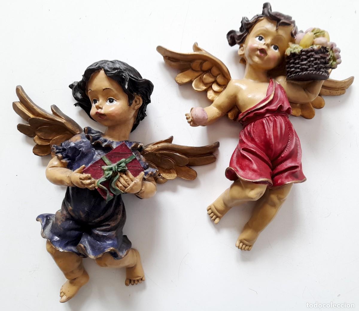 Arte: Pareja de Querubines &Aacute;ngeles de estuco escayola policromados 17 x 15 cm