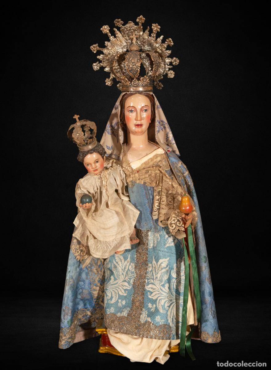 Arte: Virgen con Ni&ntilde;o cap i pota barroca madera policromada escuela espa&ntilde;ola XVII-XVIII