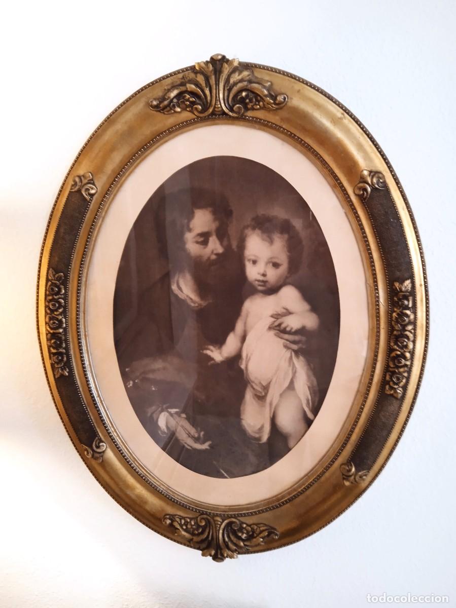 Arte: Cuadro antiguo ovalado religioso de San Jos&eacute; con ni&ntilde;o Jes&uacute;s