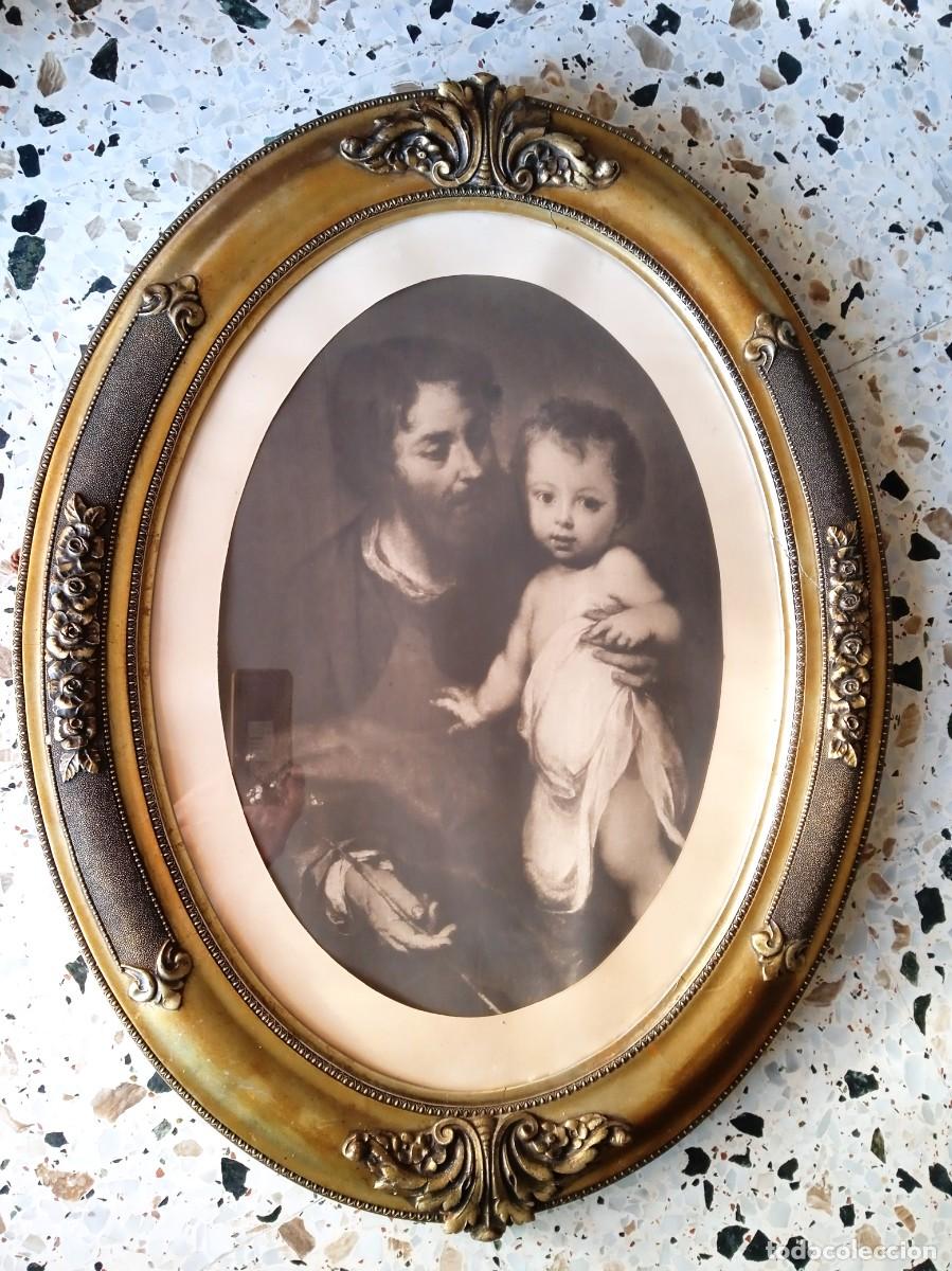 Arte: Cuadro antiguo ovalado religioso de San Jos&eacute; con ni&ntilde;o Jes&uacute;s