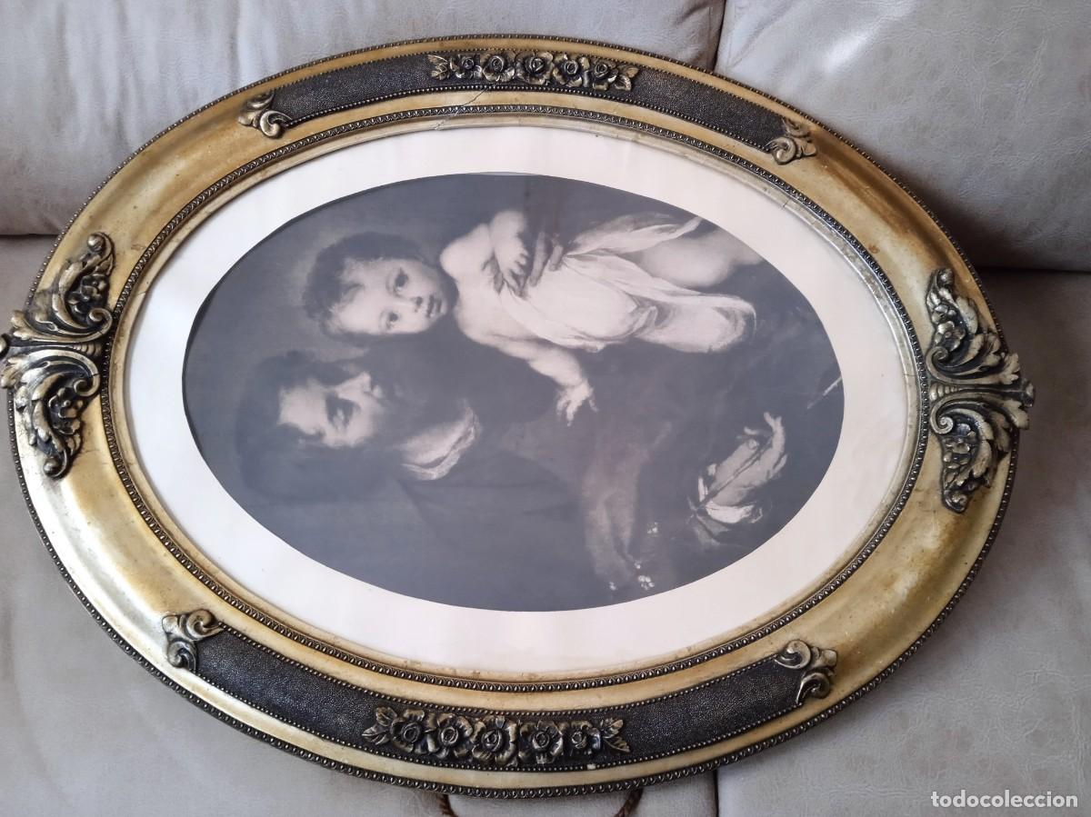 Art: Cuadro antiguo ovalado religioso de San Jos&eacute; con ni&ntilde;o Jes&uacute;s