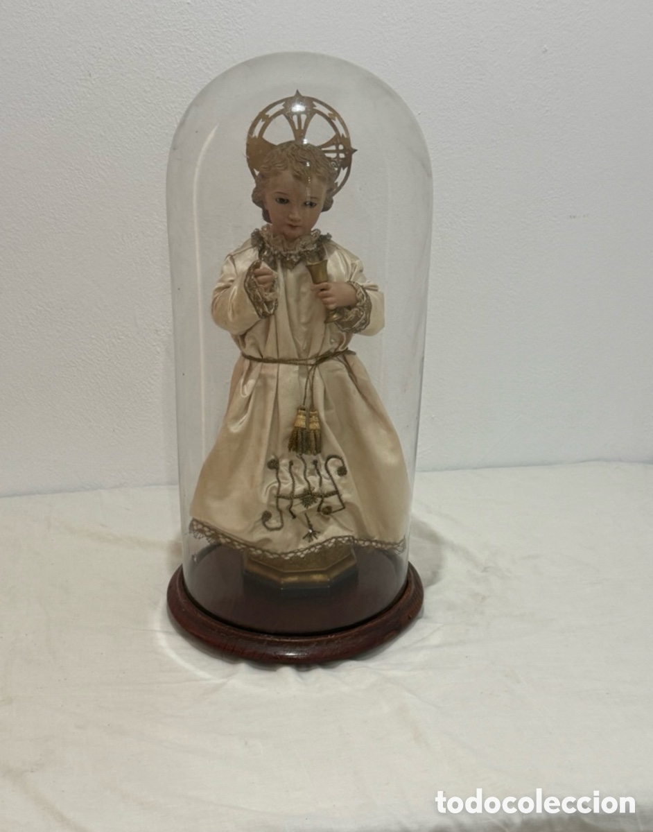 Arte: Ni&ntilde;o Jes&uacute;s capipota siglo XIX madera policromada urna cristal 65 cm